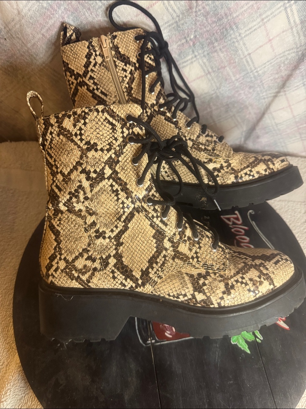 Steve Madden Black and Beige Snake-Print Combat Boot - Picture 4 of 6